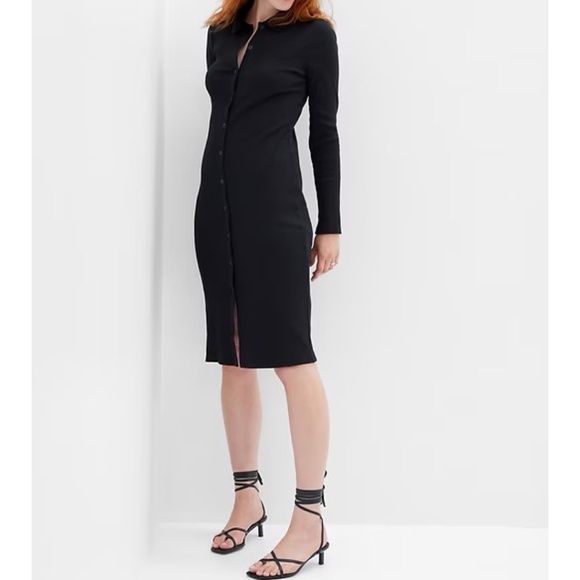 Gap Black Button Down Midi Shirt Dress – Long Sleeve, Collared, Ribbed Knit - Picture 1 of 10